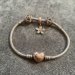 Pandora Moments Heart Clasp Snake Chain Bracelet and Charms
